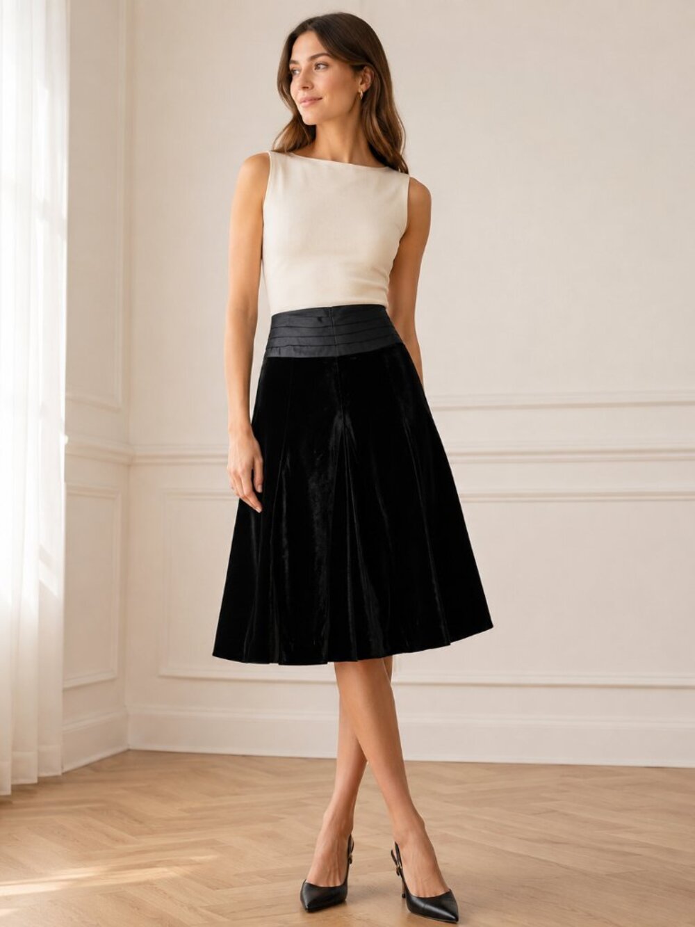 Black Velvety Below Knee Skirt Satin Trim Size Small Italian Fabric